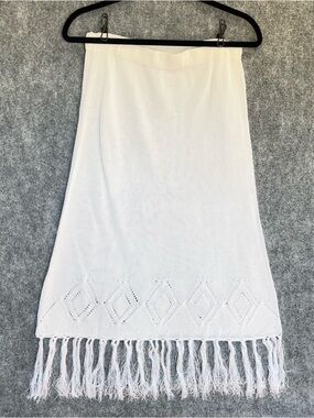 NWOT Vintage 90s Liz Williams White Knit Fringe Midi Skirt Rayon Boho Medium